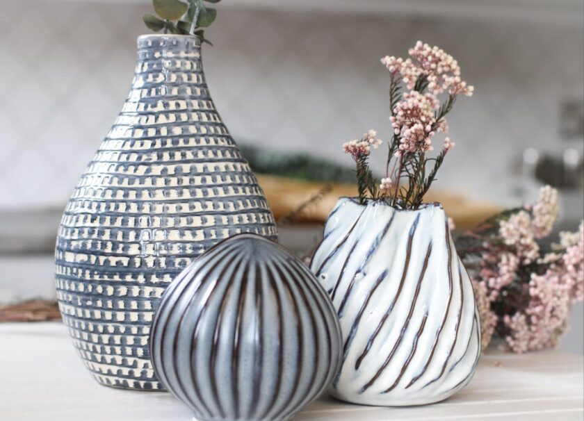 Grey Blue Ceramic Striped Vase